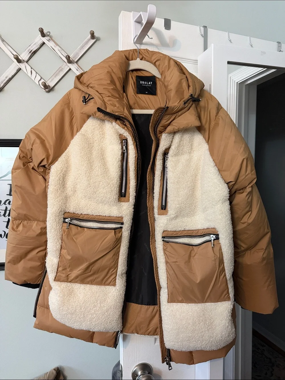 OLAY woman’s  Camel & Cream Sherpa-Lined Puffer Jacket
